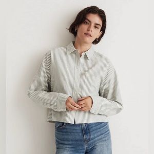 Madewell Green Buttonup Stripped The Signature Oxford Crop Shirt Small Oversized